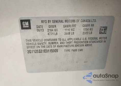 2014 Chevrolet Impala 2Lt z USA, uszkodzony, nr VIN 2G1125S31E9115909